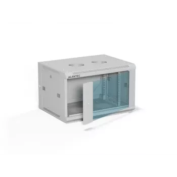 Wandmontiertes 19-Zoll-Rack-Gehäuse A-LAN ALANTEC 6U 600x450 mm, Stahl, Tür aus gehärtetem Glas, abschließbar, grau