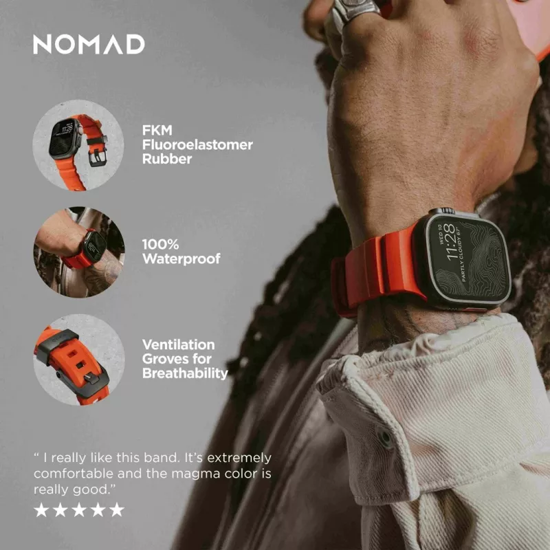 Band Nomad Rocky Point Schwarz Leder für Smartwatch – Handgelenk 145–195 mm, Titan-Schließe
