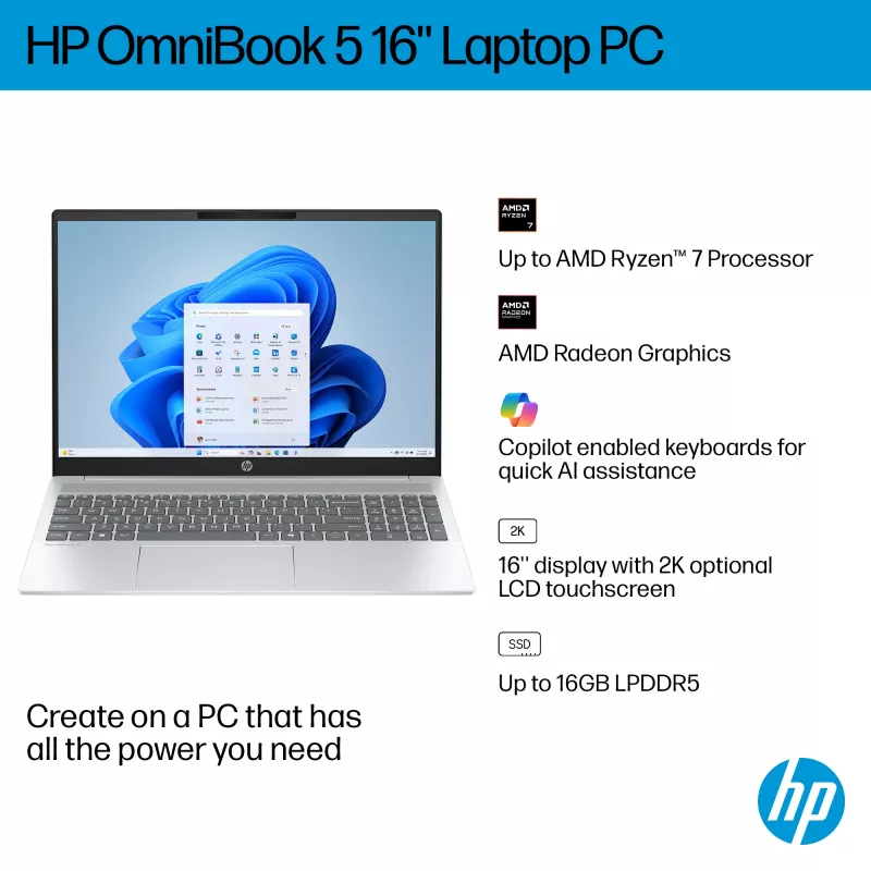 HP OmniBook 5 16-bc1002na AMD Ryzen™ 5 8540U Laptop 40,6 cm (16 Zoll) Touchscreen 2K 8 GB LPDDR5-SDRAM 512 GB SSD Wi-Fi 6 (802.11ax) Windows 11 Home Silber