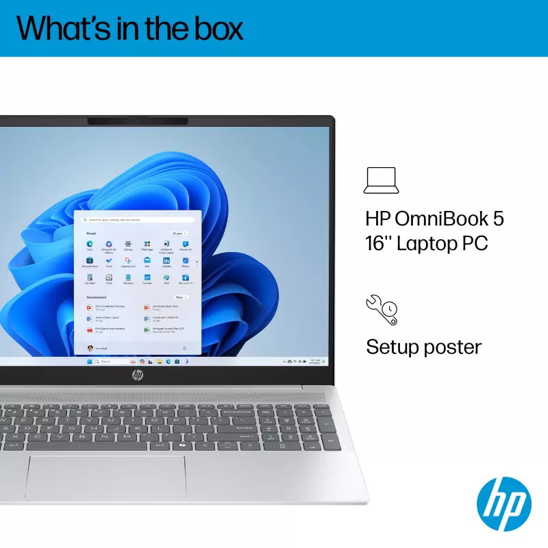 HP OmniBook 5 16-ba1003na Intel® Core™ i7 i7-1355U Laptop 40,6 cm (16 Zoll) 2K 16 GB LPDDR5x-SDRAM 512 GB SSD Wi-Fi 6 (802.11ax) Windows 11 Home Silber