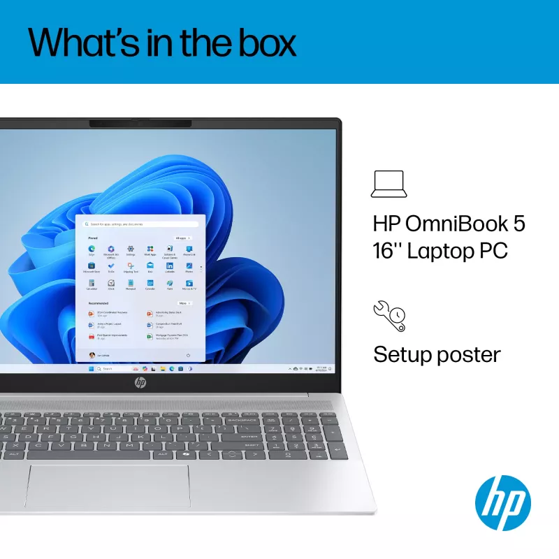 HP OmniBook 5 16-ba1004na Intel® Core™ i5 i5-1334U Laptop 40,6 cm (16 Zoll) 2K 16 GB LPDDR5x-SDRAM 512 GB SSD Wi-Fi 6 (802.11ax) Windows 11 Home Silber