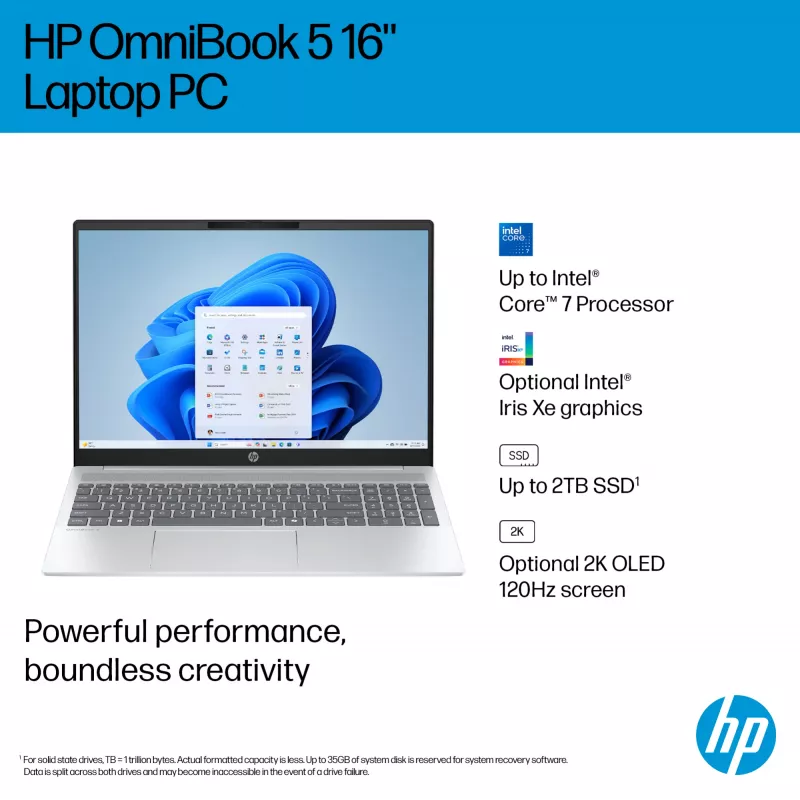 HP OmniBook 5 16-ba1005na Intel® Core™ i3 i3-1315U Laptop 40,6 cm (16 Zoll) 2K 8 GB LPDDR5-SDRAM 512 GB SSD Wi-Fi 6 (802.11ax) Windows 11 Home Silber
