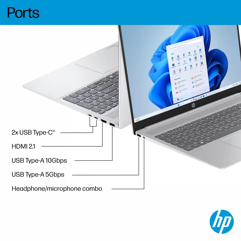 HP OmniBook 5 16-ba1005na Intel® Core™ i3 i3-1315U Laptop 40,6 cm (16 Zoll) 2K 8 GB LPDDR5-SDRAM 512 GB SSD Wi-Fi 6 (802.11ax) Windows 11 Home Silber
