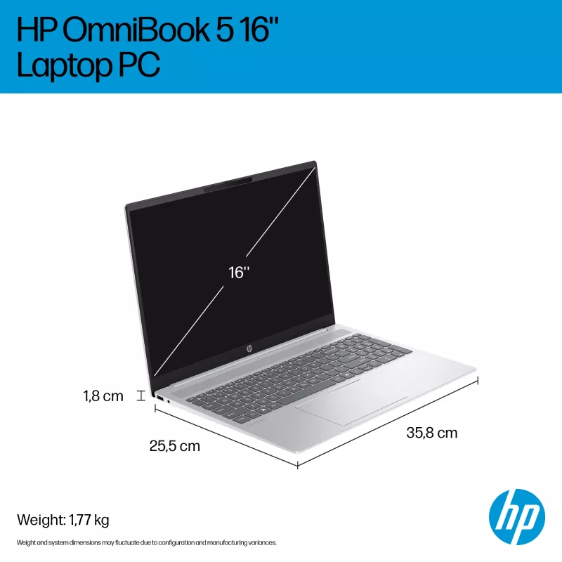 HP OmniBook 5 16-ba1005na Intel® Core™ i3 i3-1315U Laptop 40,6 cm (16 Zoll) 2K 8 GB LPDDR5-SDRAM 512 GB SSD Wi-Fi 6 (802.11ax) Windows 11 Home Silber