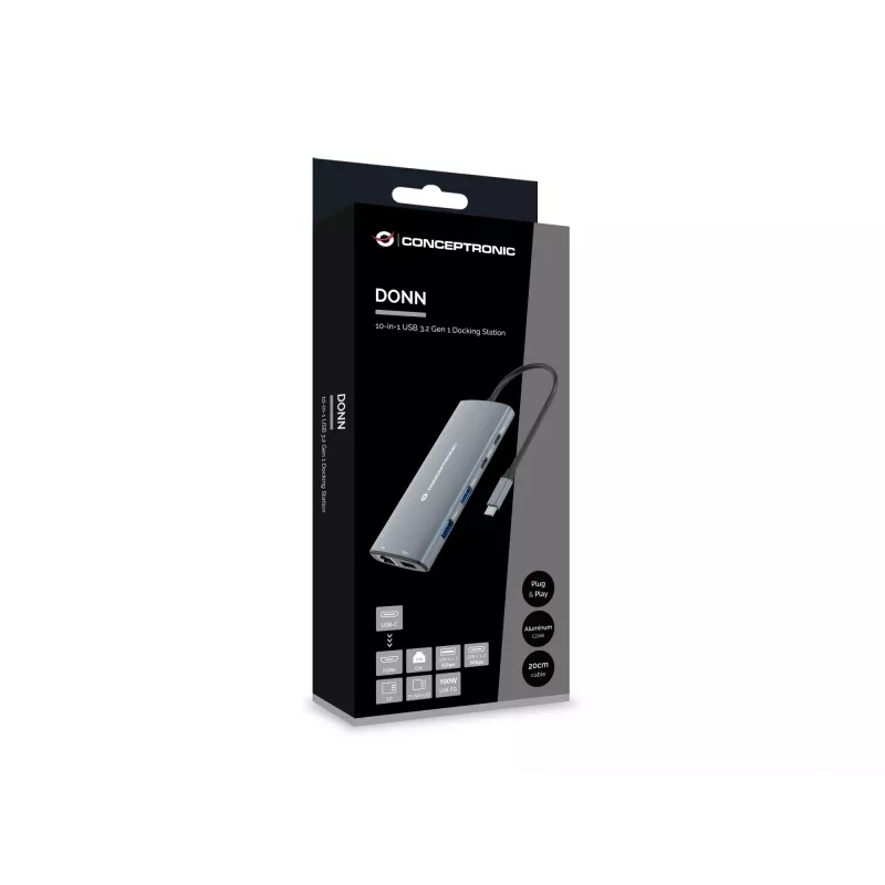 Conceptronic DONN06G 10-in-1 USB 3.2 Gen 1 Dockingstation, HDMI, 100 W USB PD, USB-C 5 Gbit/s x 2, USB-A 5 Gbit/s x 3, SD, TF/MicroSD, GbE