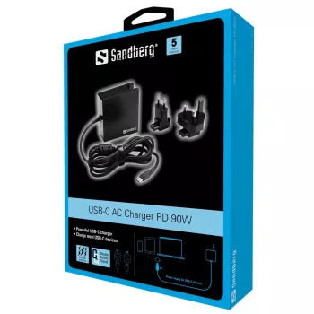 Sandberg USB-C PD AC-Ladegerät 90W EU+UK, Innenbereich, AC, 20,2 V, 4,5 A, 1,8 m, Schwarz