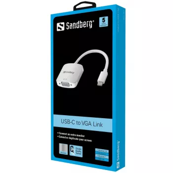 Sandberg USB-C zu VGA Link, USB Typ-C, VGA (D-Sub), Stecker, Buchse, 1920 x 1080 (HD 1080), 2048 x 1152, 1080p