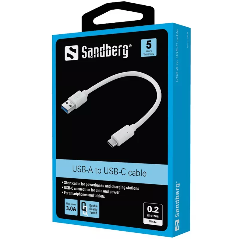 Sandberg USB-C 3.1 > USB-A 3.0 0,2 M, 0,2 m, USB C, USB A, USB 3.2 Gen 1 (3.1 Gen 1), Weiß