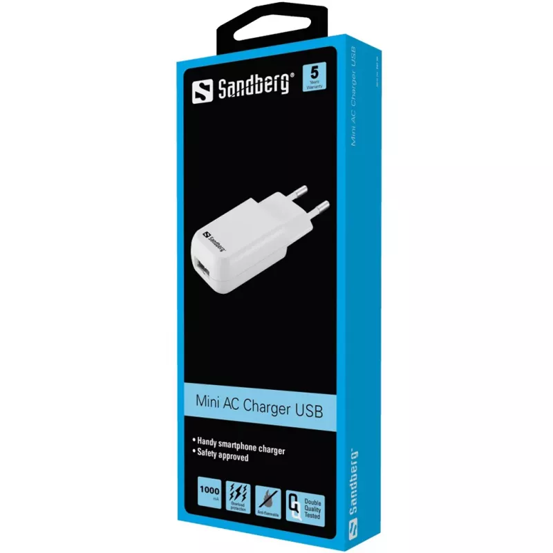 Sandberg Mini AC Ladegerät USB 1A EU, Innen, AC, 5 V, Schwarz, Weiß