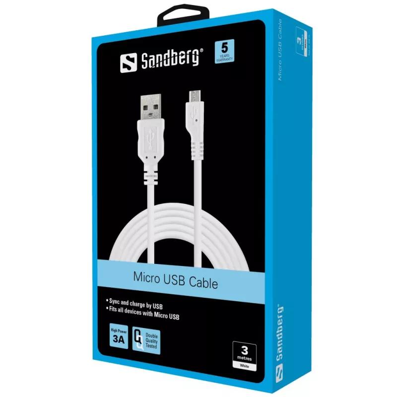 Sandberg MicroUSB Sync-/Ladekabel 3 m, 3 m, USB A, Micro-USB B, USB 2.0, Stecker/Stecker, Weiß