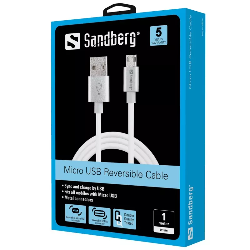 Sandberg MicroUSB Reversible Kabel 1m, 1 m, USB A, Micro-USB A, Silber, Weiß