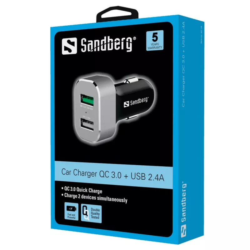 Sandberg Kfz-Ladegerät 1xQC 3.0+1xUSB2.4A, Auto, Zigarettenanzünder, 12 V, Aluminium, Schwarz