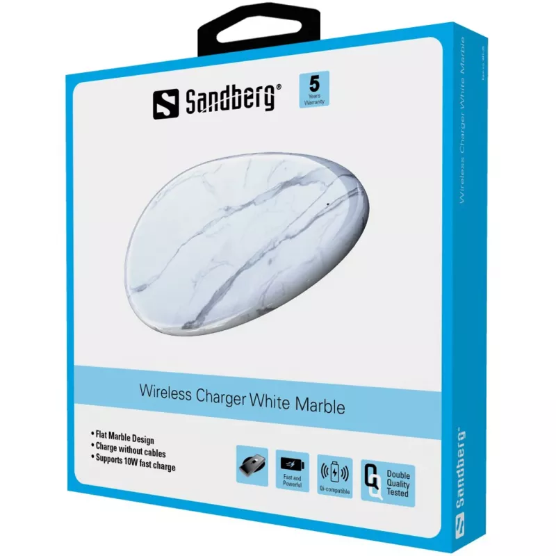 Sandberg Wireless Charger White Marble, USB, kabelloses Laden, PowerIQ, 1 m, Schwarz, Weiß
