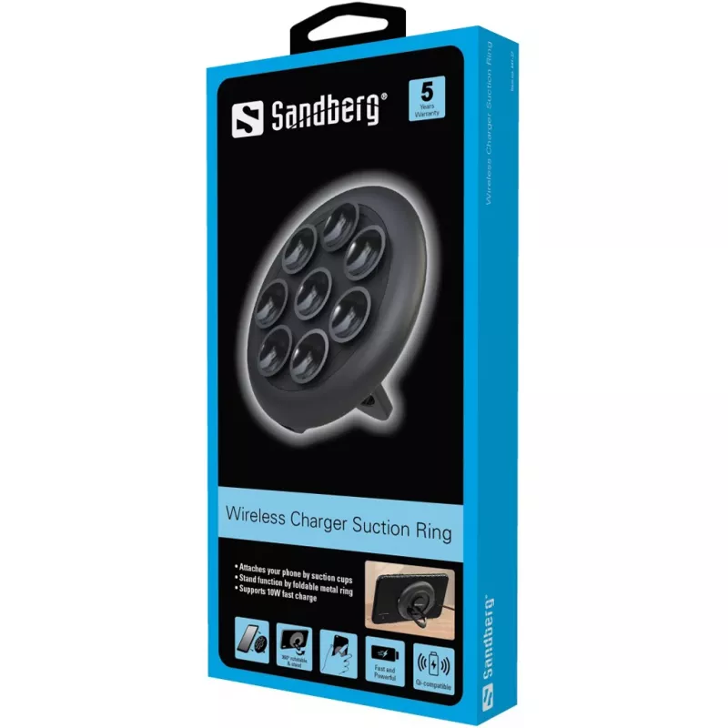 Sandberg Wireless Charger Suction Ring, Innenbereich, Außenbereich, USB, kabelloses Laden, PowerIQ, Schwarz