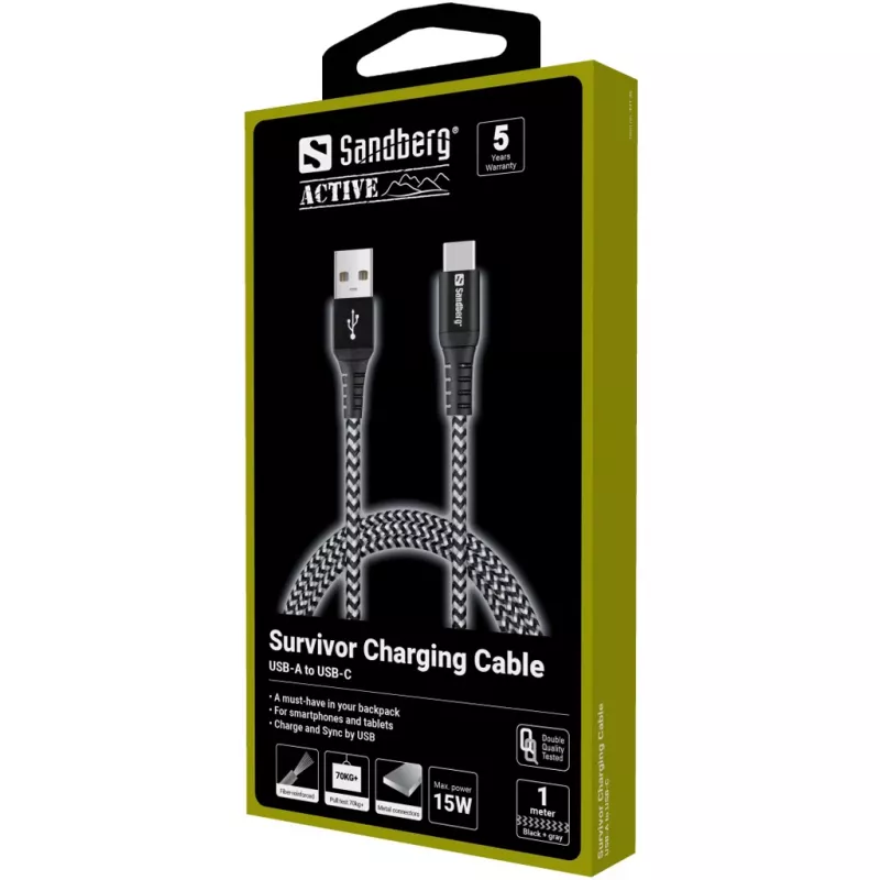 Sandberg Survivor USB-C—USB-A-Kabel 1 m, 1 m, USB A, USB C, USB 2.0, Schwarz, Grau