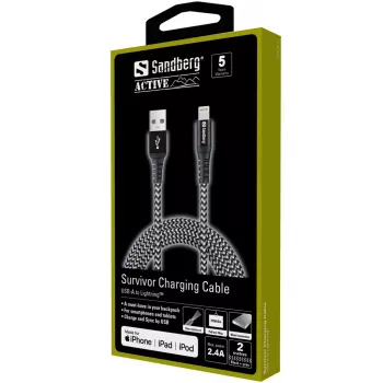 Sandberg Survivor Lightning Kabel 2 m, 2 m, Lightning, USB A, Stecker, Stecker, Schwarz, Grau