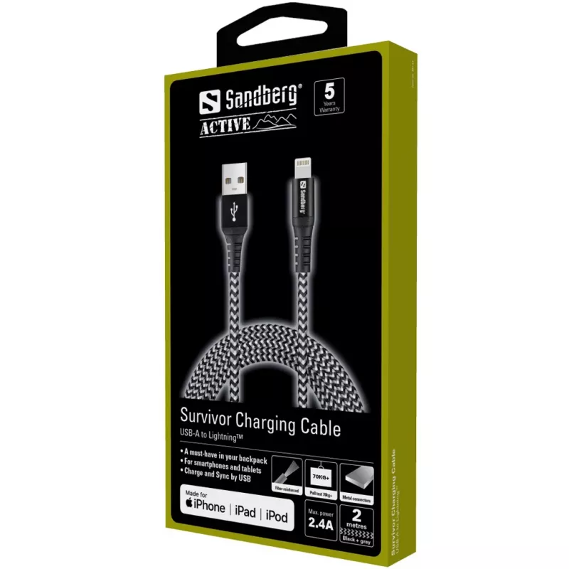 Sandberg Survivor Lightning Kabel 2 m, 2 m, Lightning, USB A, Stecker, Stecker, Schwarz, Grau