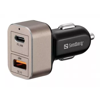 Sandberg Autoladegerät 1xQC3.0+1xUSBC 24W, Auto, Zigarettenanzünder, 12 V, Schwarz, Grau