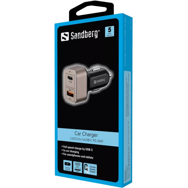 Sandberg Autoladegerät 1xQC3.0+1xUSBC 24W, Auto, Zigarettenanzünder, 12 V, Schwarz, Grau