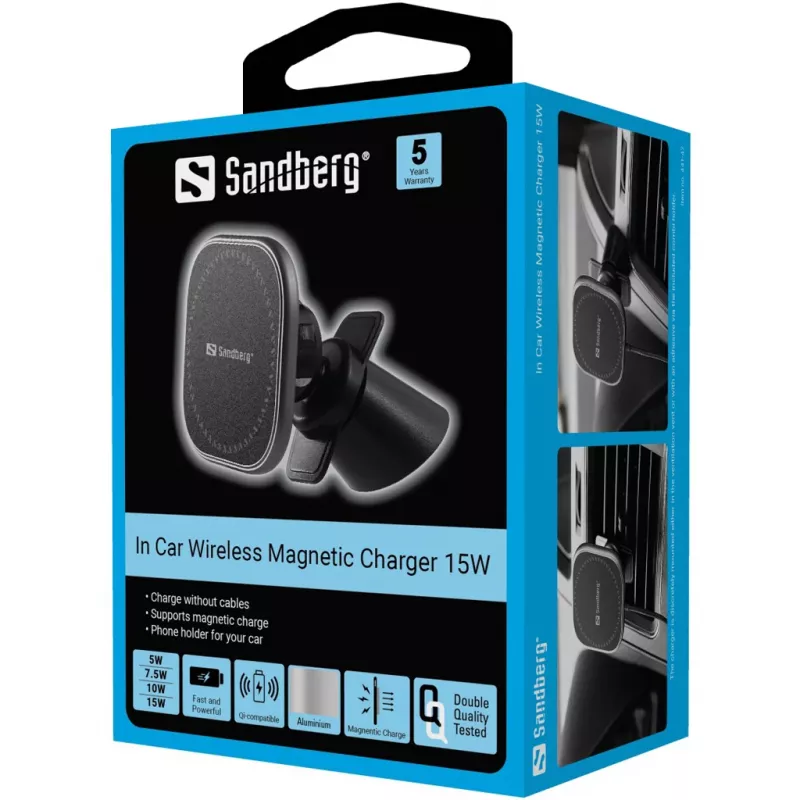 Sandberg In Car Wireless Magnetic Charger 15W, Auto, USB, Kabelloses Laden, 1,2 m, Schwarz