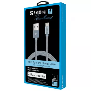 Sandberg Excellence Lightning Grau 1m, 1 m, Lightning, USB A, Grau, Gerade, Gerade