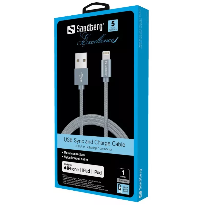 Sandberg Excellence Lightning Grau 1m, 1 m, Lightning, USB A, Grau, Gerade, Gerade