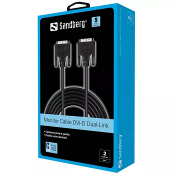 Sandberg Monitorkabel DVI-DVI 2 m, 2 m, Schwarz, Stecker/Stecker, 145 mm, 35 mm, 205 mm