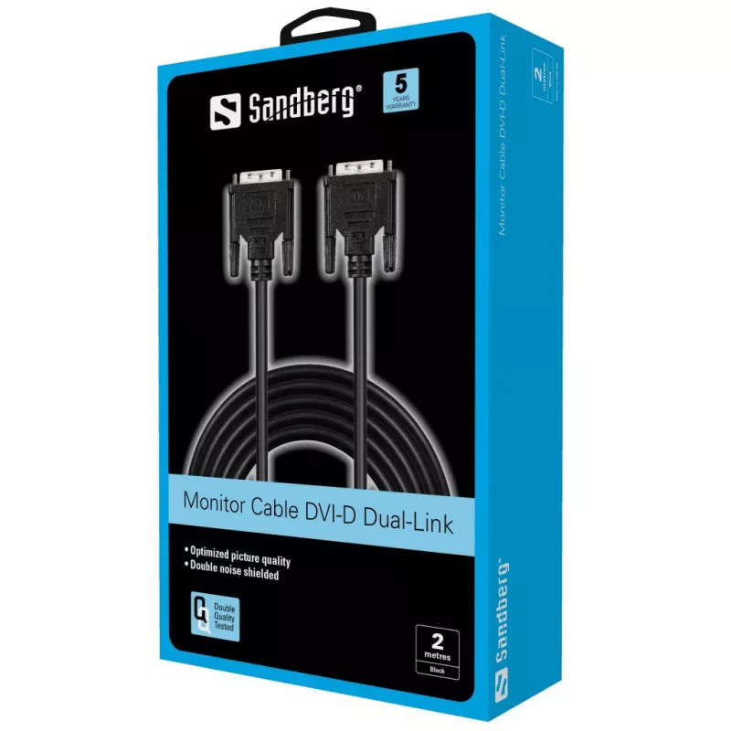 Sandberg Monitorkabel DVI-DVI 2 m, 2 m, Schwarz, Stecker/Stecker, 145 mm, 35 mm, 205 mm