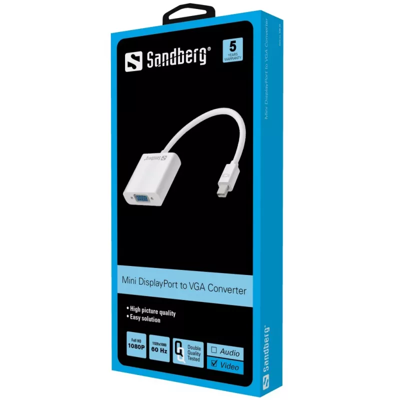 Sandberg Adapter Mini DisplayPort>VGA, Mini DisplayPort, VGA (D-Sub), Stecker, Buchse, 1920 x 1080 Pixel, 1920 x 1080 (HD 1080)