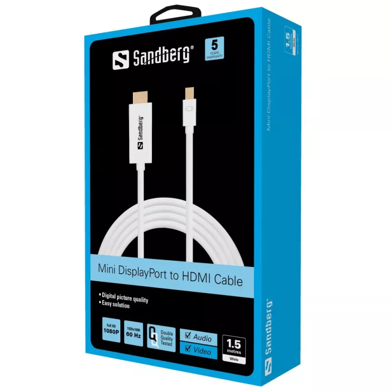 Sandberg Kabel MiniDP > HDMI 1,5 m, 1,5 m, Mini DisplayPort, HDMI, Stecker, Stecker, Weiß