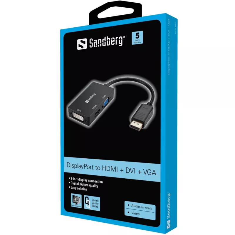 Sandberg Adapter DP>HDMI+DVI+VGA, 0,19 m, DisplayPort, VGA (D-Sub)+ HDMI + DVI, Stecker, Buchse, 3840 x 2160 Pixel