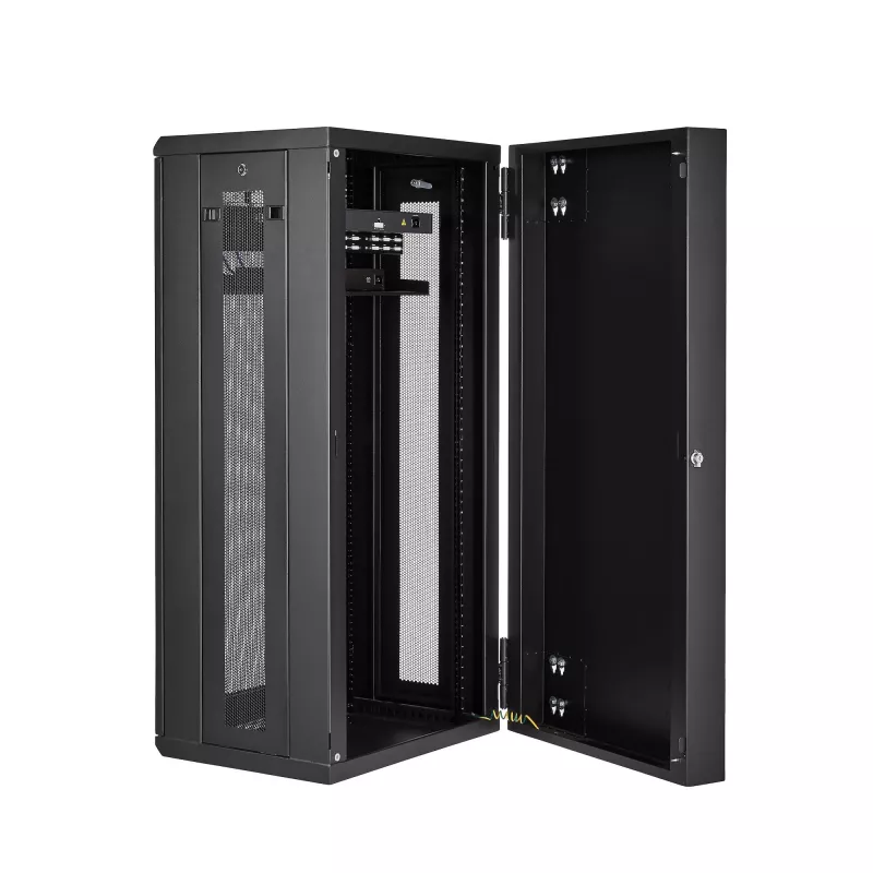 StarTech.com 4-Pfosten 26U Wandmontage-Netzwerkschrank mit 1U Fach, 19 Zoll klappbarer wandmontierter Serverschrank für Daten-/AV-/Elektronik-/Computergeräte, flexibles belüftetes Rack-Gehäuse