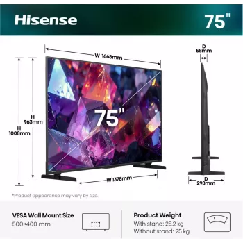Hisense 75E7S PRO TV 189 cm (75 inch) UHD+ Smart-TV Wi-Fi Schwarz 350 cd/m²
