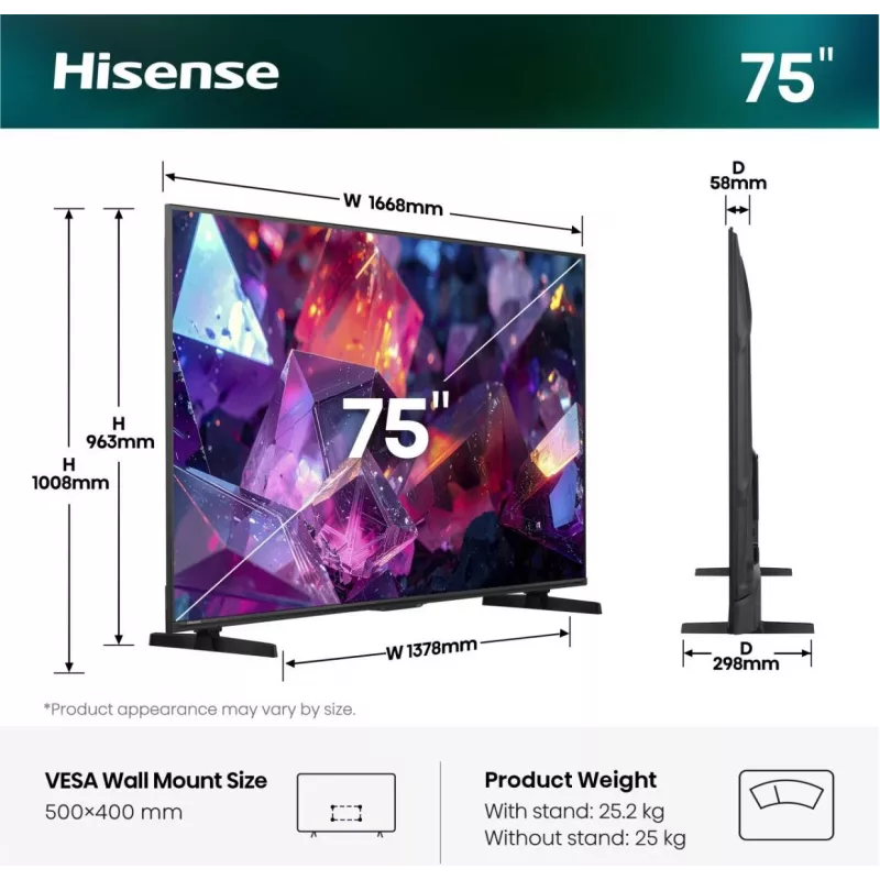 Hisense 75E7S PRO TV 189 cm (75 inch) UHD+ Smart-TV Wi-Fi Schwarz 350 cd/m²