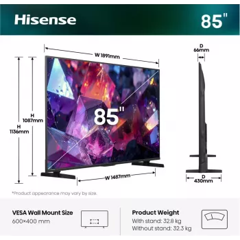 Hisense 85E7S PRO TV 2,16 m (85 Zoll) UHD+ Smart-TV Wi-Fi Schwarz 400 cd/m²