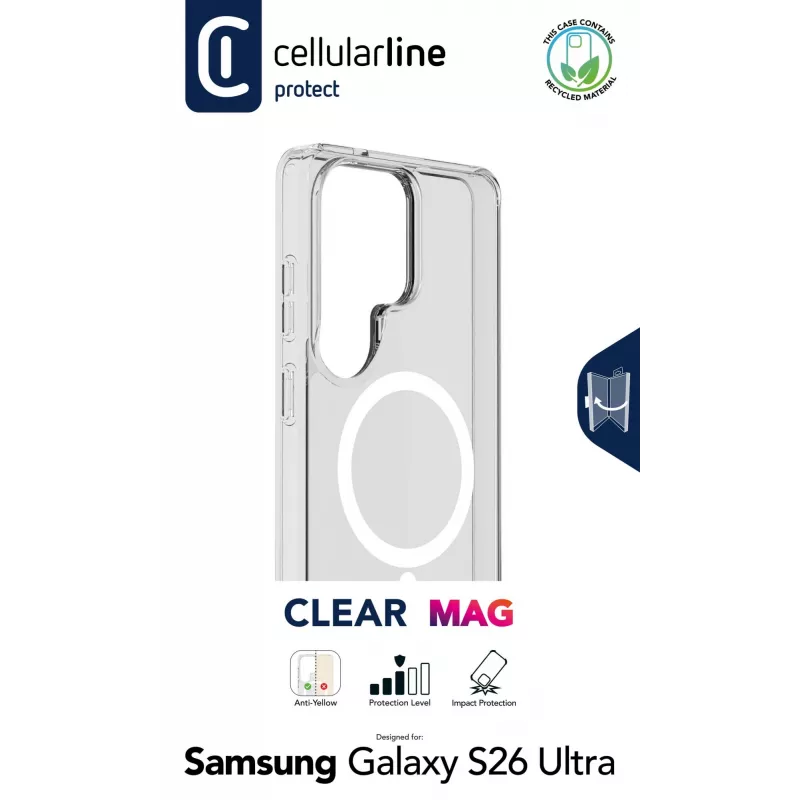 Cellularline Clear Mag - Galaxy S26 Ultra Ultrastrapazierfähige transparente Hülle mit Gummirand, kompatibel mit dem Qi2-Ökosystem und magnetischem Zubehör, behandelt gegen Vergilbung.