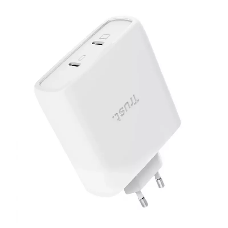 Ladegerät TRUST Maxo 100W 2-Port USB-C GaN — 100 W, 2x USB-C, 20 V max, AC, innen, 2 m Kabel, weiß