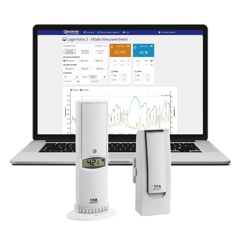 Umweltsensor tfa dostmann WeatherHub Smart Home kabellos — Feuchtigkeit & Temperatur, Wi‑Fi, Netz-/Batteriebetrieb (AA), 40×28×104 mm