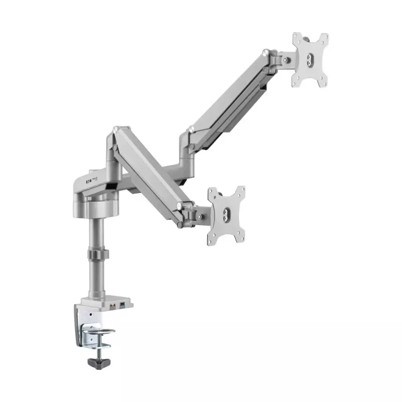 Tripp Lite (EATON) DDR1732DAL Dual-Gasdruckarm-Monitorhalterung, für 13–34 Zoll Bildschirme, Klemm- oder Durchgangsbefestigung, USB- & Audioanschlüsse, Silber