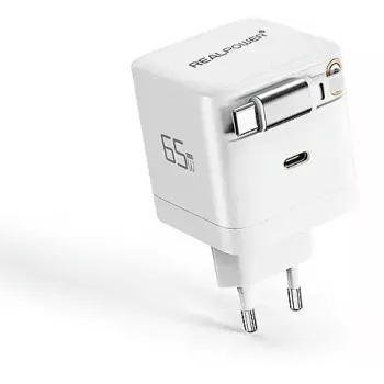 GaN-Ladegerät 65W von RealPower, 65 Watt, zwei USB-C-Anschlüsse, weiß