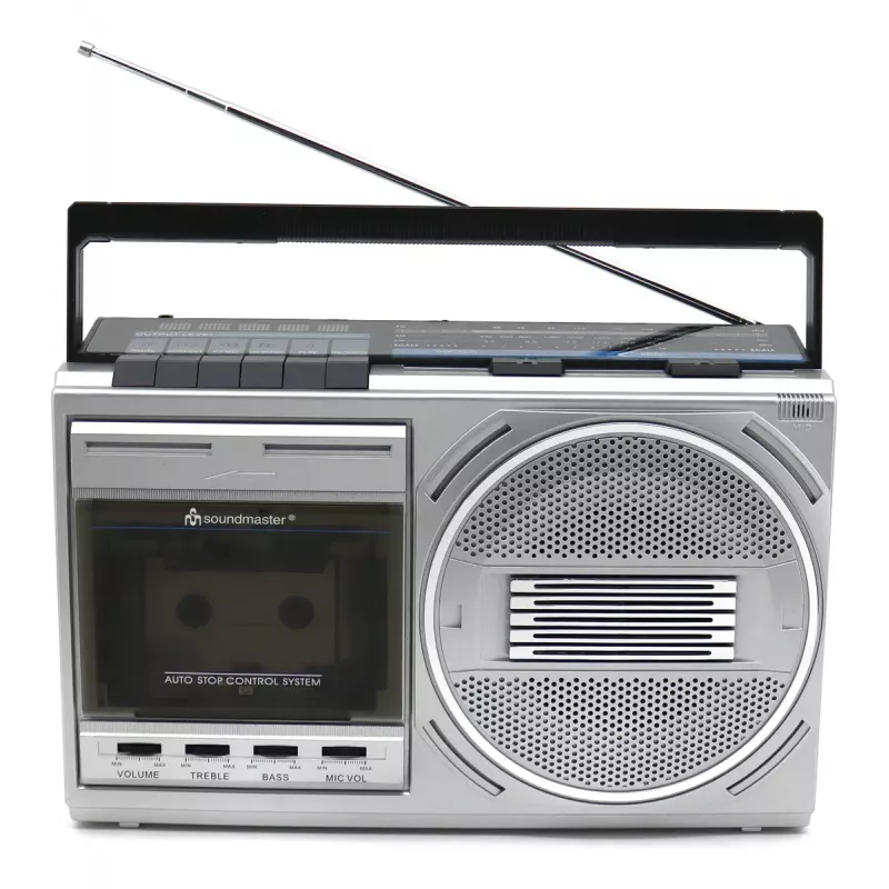 Tragbarer Kassettenspieler Soundmaster RR20SI — FM/MW/KW-Radio, 3 W RMS, 3,5 mm Kopfhörer, Schwarz/Silber