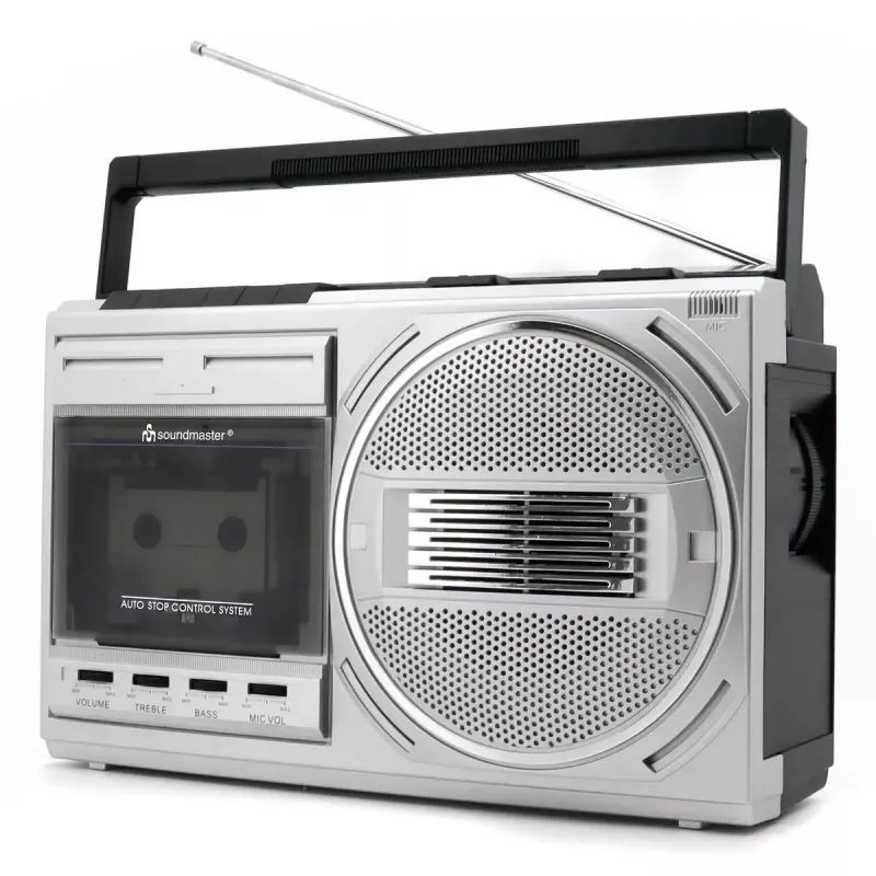 Tragbarer Kassettenspieler Soundmaster RR20SI — FM/MW/KW-Radio, 3 W RMS, 3,5 mm Kopfhörer, Schwarz/Silber