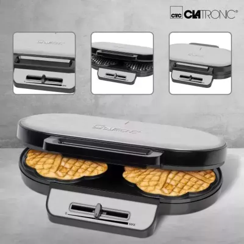 Waffeleisen CLATRONIC WA3745, 2 Waffeln, 1200 W, Edelstahleinsatz, antihaftbeschichtete Platten, grau