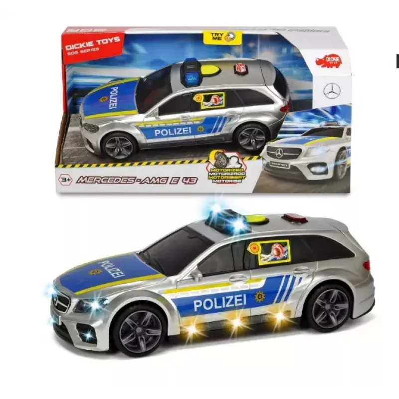 Car Dickie Toys Mercedes Benz E43 AMG Police Schwarz Blau Silber Gelb