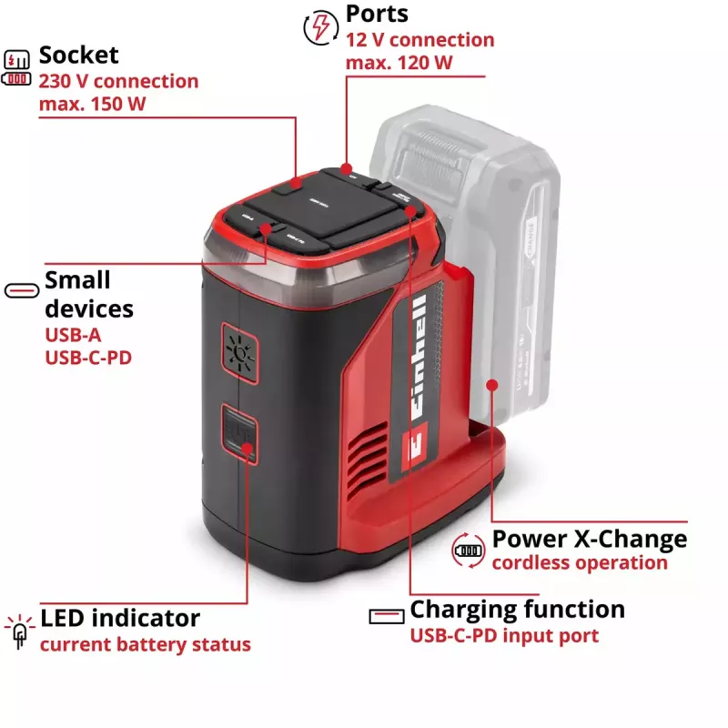 Tragbare Batterie-Energiestation EINHELL TE-ES 18/150/1 Li-C-Solo — mobile Stromversorgung für 18V-Akkus