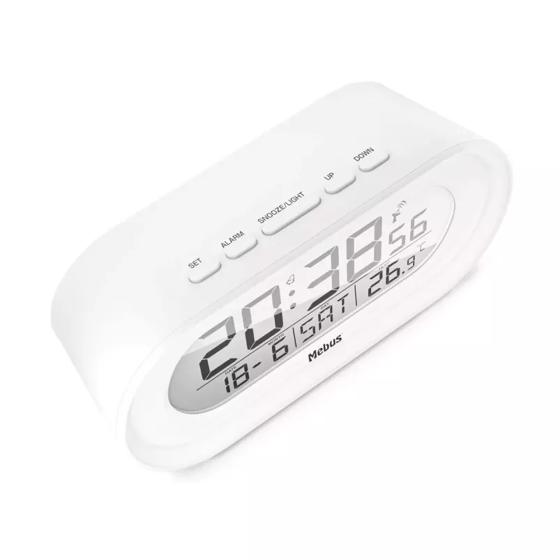 Digitaler Wecker Mebus 25808 Oval Weiß Blaue Hintergrundbeleuchtung Batterie AAA