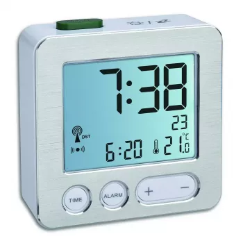 Digitaler Wecker TFA 60.2545.54 — rechteckig, silbernes LCD, blaue Hintergrundbeleuchtung, Batterie (AAA)