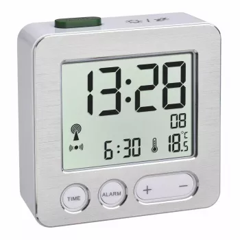 Digitaler Wecker TFA 60.2545.54 — rechteckig, silbernes LCD, blaue Hintergrundbeleuchtung, Batterie (AAA)