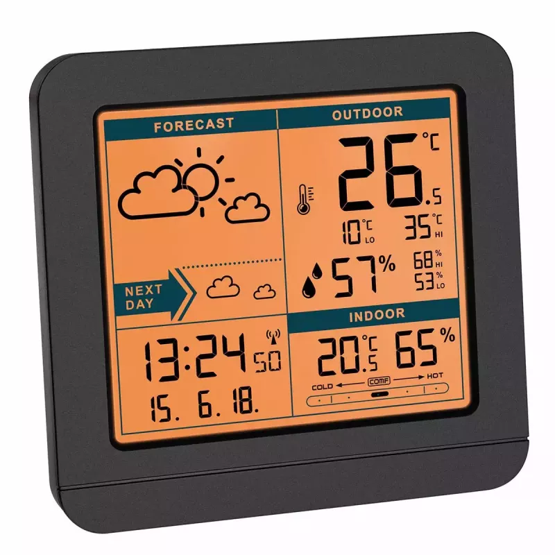 Wetterdisplay TFA Dostmann Sky Schwarz LCD batteriebetriebenes Funk-Thermometer-Hygrometer (innen/außen, 0,433 GHz, AAA)