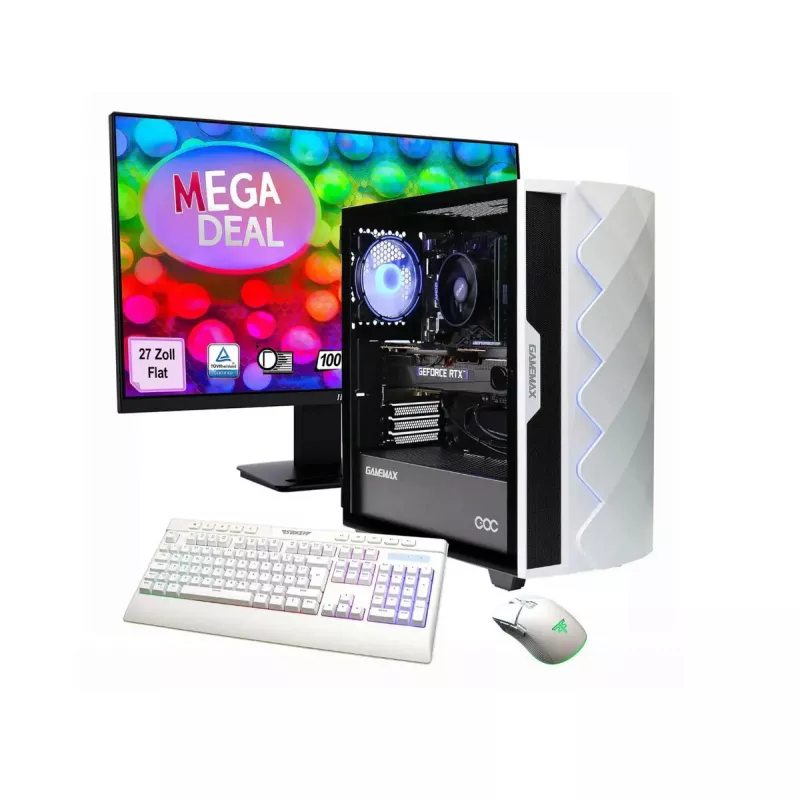 Desktop PC Hyrican GAMEMAX MegaDeal Diamond WT SET2702 mit AMD R7-5700X, 16GB RAM, 1TB SSD, NVIDIA RTX 5060, Windows 11, inkl. MSI PRO MP273A 27 Zoll LED-Monitor